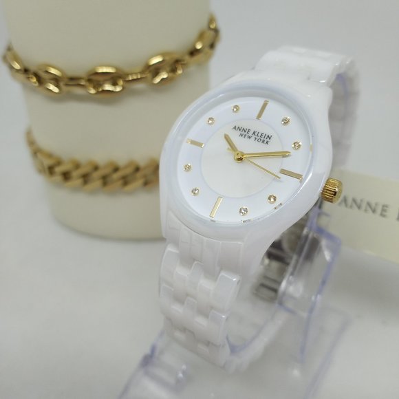 Anne Klein 12/7740WTST Women's 32mm Ceramic Quartz Watch + Bracelet Set NWT - Picture 1 of 11